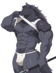 abs anthro asian_clothing biceps black_body black_fur black_nipples bodily_fluids bulge canid canine canis claude_abras clothed clothing clothing_lift east_asian_clothing fluffy fluffy_tail fundoshi fur hi_res japanese_clothing kemono male mammal melee_weapon muscular muscular_anthro muscular_male nipples pecs pointy_ears polearm rossciaco saikyou_no_shokugyou_wa_yuusha_demo_kenja_demo_naku_kanteishi_(kari)_rashii_desu_yo? shirt shirt_lift simple_background skimpy solo spear sweat sweatdrop tail tank_top topwear underwear weapon white_background wolf