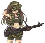  boonie_hat brown_eyes brown_hair camouflage camouflage_hat copyright_request gun hand_on_headwear hat long_hair m60 machine_gun midriff military one_eye_closed solo tanaka_(cow) tank_top vest vietnam vietnam_war weapon 