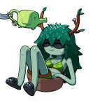  1boy 1girl adventure_time antlers bikini bikini_top_only breasts colored_skin commentary discount-supervillain domino_mask english_commentary eye_mask finn_the_human green_hair green_skin hair_branch holding holding_watering_can horns huntress_wizard leaf male_swimwear mask pendleton_ward_(style) plant_hair simple_background smile solo_focus swim_trunks swimsuit toon_(style) tree_trunks_(adventure_time) water watering_can 