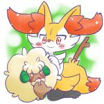 1:1 2026 ambiguous_anthro ambiguous_gender annyui0611 anthro biped blush blush_stickers braixen canid closed_smile digital_drawing_(artwork) digital_media_(artwork) digitigrade dipstick_tail duo front_view generation_5_pokemon generation_6_pokemon hi_res kneeling mammal markings mouth_closed nintendo no_pupils object_in_tail on_one_leg pokemon pokemon_(species) simple_background smile standing stick stick_in_tail tail tail_markings whimsicott