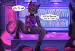 absurd_res alcohol ambiguous_gender andromorph anthro background_character bar bar_stool beverage big_clitoris black_body boots cigarette clitoris clothed clothing collar container cup detailed_background dialogue domestic_cat drinking_glass drunk ear_piercing english_text exhibitionism eyewear facial_piercing fangs felid feline felis footwear furniture genitals glass glass_container glass_cup glasses hi_res industrial_piercing intersex inviting_to_sex leather mailmutt male mammal masturbation nose_piercing nose_ring piercing public public_exposure public_masturbation ring_piercing shoes shot_glass silhouette sitting_on_counter smoking smoking_cigarette solo spread_legs spread_vulva spreading stool substance_intoxication talking_to_viewer teeth text tongue tongue_piercing vulva wearing_glasses