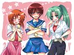  2girls blue_eyes blush brown_hair closed_eyes cosplay costume_switch crossdressing green_eyes hand_on_hip hands_clasped hazuki_megumi higurashi_no_naku_koro_ni laughing long_hair maebara_keiichi multiple_girls necktie non-web_source open_mouth own_hands_together ponytail red_neckwear ryuuguu_rena school_uniform serafuku short_hair smile sonozaki_mion 