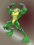 2022 3:4 abs absurd_res amphibian anthro armband battletoads countershade_face countershade_torso countershading digitigrade featureless_crotch feet flexing_muscles frog green_body hi_res male markings membrane_(anatomy) muscular muscular_male naturally_unclothed nude pecs periquitocosmico rareware rash_(battletoads) solo spiked_armband spiked_knee_pads spikes spots spotted_body standing toad_(frog) toes webbed_feet yellow_face yellow_torso