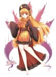  1girl adapted_costume barefoot black_dress black_hat blonde_hair breasts chinese_clothes commentary_request crescent_print dalachi_(headdress) dated dress energy_tail fox_tail full_body furim hat highres junko_(touhou) large_breasts long_hair long_sleeves looking_at_viewer multiple_tails neck_ribbon red_eyes red_tabard ribbon short_dress signature simple_background solo tabard tail toes touhou white_background wide_sleeves yellow_ribbon 