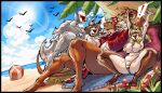alcohol anger_symbol anthro avian ball beach beach_ball beach_towel bent_over beverage big_breasts bikini bird black_border blonde_hair bob_cut border bottomwear breasts brown_body brown_fur brown_hair canid canine canis cheering cleavage clothed clothing cloud collie container cup curvy_figure domestic_dog dragon drinking elemental_creature exclamation_point female flora_fauna fur gold_bikini grey_body grey_fur grimace group gull hair herding_dog hi_res horn inflatable landscape lari larid leikdaz lens_flare loincloth long_hair mammal mitsy_fields_(wsad) mug multicolored_body mythological_creature mythological_scalie mythology palm_tree pastoral_dog pillow pinup plant ponytail pose scalie sea shawl sheepdog short_hair sitting size_difference sky smile spread_legs spreading sun swimwear tan_body tan_fur teeth tongue towel tree trio two-piece_swimsuit two_tone_body valeria_ren_(ara) water wavy_hair white_hair wolf yvvie_(wsad)