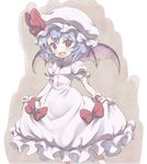  :d arm_garter bat_wings blush bow fang frills hat mob_cap moriki_takeshi open_mouth puffy_short_sleeves puffy_sleeves red_bow red_eyes remilia_scarlet short_hair short_sleeves silver_hair skirt_hold smile solo tooth touhou vampire wings 