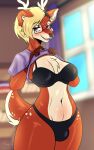 absurd_res anthro antlers bedroom black_bra black_clothing black_panties black_underwear blonde_hair blush bra bulge clothed clothing clothing_lift crop_top curvy_figure deer ear_piercing ellie_(sweetvixenellie) eyebrow_piercing eyewear facial_piercing freckles glasses gynomorph hair hi_res horn inside intersex lingerie looking_at_viewer mammal panties piercing purple_clothing purple_eyes purple_shirt purple_topwear sharly shirt shirt_lift short_hair smile solo standing tail thick_thighs topwear underwear wide_hips