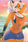 absurd_res anthro big_breasts blue_bottomwear blue_clothing blue_eyes blue_shorts bottomwear bracelet breasts canid canine choker cleavage clothed clothing curvy_figure female fluffy fluffy_tail fox hair heart_pendant hi_res hotpants jewelry long_hair looking_at_viewer mammal necklace orange_clothing orange_shirt orange_topwear outside railing sea sharly shirt shorts smile sportswear sunset tail tank_top thick_thighs topwear twintails_(hairstyle) water white_hair