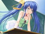  angry blue_hair breasts chalkboard cleavage game_cg hair_ribbon kamipani! kujou_amane long_hair medium_breasts non-web_source polka_dot ribbon shintarou skirt solo twintails very_long_hair 