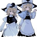  :d ame_iru apron black_skirt black_vest blonde_hair blush braid capelet closed_mouth commentary_request frills hair_ribbon hand_up hat highres kirisame_marisa long_hair long_sleeves looking_at_viewer nose_blush open_mouth ribbon shirt skirt smile touhou variations vest white_background white_capelet white_shirt witch_hat yellow_eyes 