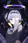  1girl absurdres black_gloves blunt_bangs chuunibyou commentary_request covering_one_eye gloves glowing glowing_halo halo head_wings highres hololive hololive_english long_hair long_sleeves mole mole_under_eye ninomae_ina'nis ninomae_ina'nis_(school_uniform) official_alternate_costume pointy_ears purple_eyes purple_halo ringed_eyes side_ponytail sweater tako_takover_(ninomae_ina'nis) tentacle_hair triangle_mouth uminonin46978 upper_body very_long_hair virtual_youtuber wings 