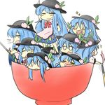  =_= anger_vein ariyoshi_gen bad_id bad_pixiv_id blue_hair blush chibi clone cup fang food fruit hat hinanawi_tenshi in_container in_cup in_food minigirl multiple_girls peach sparkle sword sword_of_hisou touhou weapon yawning 