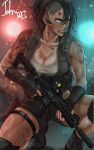  1girl artist_name assault_rifle asymmetrical_hair black_boots black_gloves black_hair black_shorts blood blood_on_face blue_eyes blurry blurry_background boots breasts brown_tank_top cleavage collarbone commentary_request crew_cut dark-skinned_female dark_skin dirty dirty_clothes dirty_face earpiece earrings eyebrow_cut fingerless_gloves gloves gun h&amp;k_hk416 highres holding holding_gun holding_weapon holster jewelry knee_pads large_breasts mole mole_under_eye muscular muscular_female original rifle serious short_shorts shorts shoulder_tattoo sidecut signature solo squatting stud_earrings suppressor tank_top tattoo thigh_holster trigger_discipline undercut veins veiny_arms vest_pouch weapon zipy-zip-zip06 