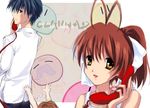  2girls antenna_hair bad_id bad_pixiv_id blue_eyes blue_hair brown_eyes brown_hair clannad corded_phone dango_daikazoku elder_dango furukawa_nagisa multiple_girls okazaki_tomoya okazaki_ushio phone ponytail short_hair strib_und_werde 