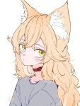  1girl animal_ear_fluff animal_ears blonde_hair choker commentary_request double-parted_bangs expressionless grey_shirt hair_between_eyes highres light_blush long_hair megateru original red_choker shirt signature simple_background solo tail upper_body wavy_hair white_background yellow_eyes 