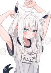  1girl absurdres ahoge animal_ear_fluff animal_ear_piercing animal_ears aqua_eyes armpits braid commentary_request crossed_bangs double-parted_bangs earrings extra_ears fox_ears fox_girl gym_shirt highres hololive jewelry long_hair looking_at_viewer name_tag pentagram shirakami_fubuki shirt side_braid sidelocks simple_background single_braid single_earring solo steaming_body sweat tail tensann3 upper_body virtual_youtuber white_background white_hair white_shirt 