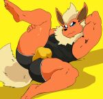 2025 3_toes 4_fingers anthro anthrofied biped black_bottomwear black_clothing black_nose black_shirt black_shorts black_tank_top black_topwear blue_eyes bottomwear brown_inner_ear bulge canid cheek_tuft claws clothed clothed_anthro clothed_male clothing crimenes detailed_bulge digital_drawing_(artwork) digital_media_(artwork) eeveelution facial_tuft feet fingers flareon fur generation_1_pokemon glistening glistening_eyes hand_behind_head hand_on_leg hand_on_own_leg hand_on_own_thigh hand_on_thigh holding_leg holding_own_leg looking_at_viewer lying male male_anthro mammal mouth_closed multicolored_body multicolored_fur neck_tuft nintendo on_back orange_body orange_fur pointy_ears pokemon pokemon_(species) prick_ears raised_leg shirt shorts simple_background solo spanish_description spread_legs spreading tail tan_body tan_fur tan_tail tank_top toe_claws toes topwear tuft two_tone_body two_tone_fur underwear yellow_background yellow_clothing yellow_underwear