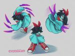 2026 3_eyes 4:3 accessory aqua_(deltarune) artist_name biped black_hair blep bow_ribbon clothed clothed_female clothed_humanoid clothing cute_fangs deltarune digital_drawing_(artwork) digital_media_(artwork) drip_(meme) elemental_creature english_description entomaggedon fangs female flora_fauna flower flower_creature footwear grey_background hair hair_accessory hair_bow hair_over_eye hair_over_eyes hair_ribbon hi_res holding_knife holding_object humanoid knife long_sleeves looking_at_viewer meme multi_eye multiple_images nike not_furry open_mouth open_smile plant red_eyes ribbons seven_flowers shoes simple_background smile smiling_at_viewer sneakers solo teal_body teal_skin teeth text tongue tongue_out undertale_(series)