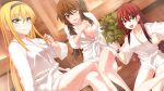  3girls anekouji_naoko_to_giniro_no_shinigami arm_rest bare_legs bathrobe blonde_hair blue_eyes blue_hairband breasts brown_eyes brown_hair chair cleavage collarbone crossed_legs figure_four_sitting flashing game_asset hairband half_updo highres holding holding_own_hair indoors lapels long_hair long_sleeves looking_at_viewer medium_breasts mikoshi_matsuri multiple_girls nipples non-web_source one_eye_closed onizuka-san open_mouth pigeon-toed presenting_own_breasts purple_eyes red_hair robe sash sauna self-datamine sitting steam straight_hair sweat teasing tokiwa_naruha vihta white_robe white_sash wooden_chair wooden_floor wooden_wall 