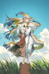  2girls :d ;d ^_^ absurdres aged_down arknights bare_shoulders barefoot blue_eyes blue_sky breasts chinese_clothes closed_eyes cloud commentary curtained_hair dragon_girl dragon_horns dragon_tail earrings eastern_dragon_horns eastern_dragon_tail eyeliner fan_mu_zhang floating_hair flower full_body gradient_hair gradient_horns grass grey_hair hair_flower hair_ornament hair_over_shoulder hair_stick half_updo hanfu head_tilt highres holding_hands horns jacket jewelry leg_up long_hair low_ponytail makeup mandarin_collar mole mole_under_mouth multicolored_hair multicolored_horns multiple_girls one_eye_closed open_mouth orange_eyeliner outdoors pankou pants parted_bangs pointy_ears ponytail shennong_(arknights) shu_(arknights) sky small_breasts smile standing standing_on_one_leg stick strapless tail tassel tassel_earrings toes tube_top untranslatable_commentary very_long_hair very_long_tail white_flower white_jacket white_pants white_tube_top yellow_hands 