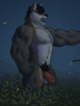 3:4 absurd_res anthro arm_hair arthropod barazoku beetle biceps big_penis black_eyes black_hair blurred_foreground body_hair bow_(weapon) brown_body brown_fur canid canine canis chest_hair dark deltoids elateroid eyebrows facial_hair firefly flaccid fog forearm_hair forearm_muscles forearms fur genitals grey_body grey_fur hair hi_res humanoid_genitalia humanoid_penis insect looking_at_viewer male mammal muscular muscular_arms muscular_male nipples nude open_mouth outside pecs penis plant pubes raised_arm ranged_weapon ray_(ray_the_wolf) ray_the_wolf solo standing stocky teeth thick_eyebrows tongue triceps watermark weapon white_body white_fur wolf
