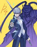  black_jacket black_pants clenched_hand closed_mouth collarbone collared_shirt copyright_name cowboy_shot gakuran glasses grey-framed_eyewear grey_hair izanagi jacket long_sleeves looking_at_viewer male_focus narukami_yuu open_clothes open_jacket pants persona persona_4 school_uniform sheath sheathed shirt simple_background sketch smile sparkle standing sword tetsu_(kimuchi) weapon weapon_on_back white_shirt wing_collar yasogami_school_uniform yellow_background 