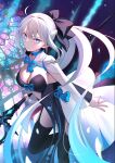  1girl absurdres ahoge black_dress black_ribbon blue_eyes breasts cleavage clothing_cutout commentary_request dress fate/grand_order fate_(series) hair_ribbon highres holding holding_weapon large_breasts long_hair long_sleeves looking_at_viewer mishiro_(ixtlolton) morgan_le_fay_(fate) morgan_le_fay_(first_ascension)_(fate) ponytail ribbon sidelocks solo very_long_hair weapon white_hair 