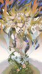  1girl absurdres arknights bare_shoulders black_boots blonde_hair blue_hair boots chinese_commentary commentary_request dragon_girl dragon_horns earrings fan_mu_zhang floating_hair from_above grey_hair hair_between_eyes hair_spread_out highres horns jewelry long_hair long_sleeves multicolored_hair orange_pupils parted_lips pointy_ears shu_(arknights) solo strapless streaked_hair tail tassel tassel_earrings tube_top very_long_hair white_tube_top 