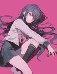  1girl absurdres black_socks blood blood_on_knife blue_eyes blue_hair blue_skirt bow colored_blood danganronpa:_trigger_happy_havoc danganronpa_(series) expressionless hair_ornament hairclip highres kneehighs knife long_hair long_sleeves maizono_sayaka messy_hair pink_background pink_blood pink_bow pleated_skirt sailor_collar shirt shoes skirt socks solo solo_focus sslloowwll very_long_hair white_shirt white_shoes 