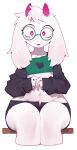 absurd_res anthro bodily_fluids bottomwear bovid caprine clothing crop_top darkner deltarune eyewear femboy floppy_ears front_view fur glasses goat hair hi_res horn hotpants long_ears looking_at_viewer male mammal midriff pink_eyes pink_horn ralsei round_glasses savakandoze shirt shorts solo sweat sweatdrop topwear undertale_(series) wearing_glasses white_body white_fur white_hair wide_hips