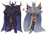  2boys armor bioodshower black_armor black_cape blue_armor blue_cape blue_helmet broad_shoulders cape commentary cuirass curled_fingers emoji english_commentary exdeath fake_horns final_fantasy final_fantasy_iv final_fantasy_v full_armor full_body gauntlets golbez greaves hand_on_hilt hand_on_own_hip helm helmet highres holding holding_sword holding_weapon horned_helmet horns male_focus multiple_boys muscular muscular_male pauldrons purple_nails shoulder_armor shoulder_spikes side-by-side simple_background spiked_pauldrons spikes standing sword thinking_emoji vambraces weapon white_background 