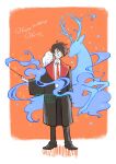  1boy animal_on_shoulder bird bird_on_shoulder black_pants black_robe black_shoes border brown_hair character_name closed_mouth collared_shirt commentary_request deer diagonal-striped_clothes diagonal-striped_necktie facial_mark glasses happy_birthday harry_potter harry_potter_(series) hedwig highres hogwarts_school_uniform holding holding_wand lightning_bolt_facial_mark lightning_bolt_symbol magic male_focus necktie orange_background owl pants patronus red_trim robe round_eyewear scar scar_on_face scar_on_forehead school_uniform shirt shoes short_hair smile sparkle standing striped_clothes striped_necktie sun1_vaneal9 wand white_border white_shirt wizarding_world 