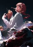  absurdres angel angel_devil_(chainsaw_man) angel_wings black_hair black_necktie blonde_hair braid braided_ponytail chain chainsaw_man commentary english_commentary formal_clothes glowing glowing_halo halo hayakawa_aki highres long_hair long_sleeves makima_(chainsaw_man) mygiorni necktie pochita_(chainsaw_man) power_(chainsaw_man) red_hair ringed_eyes topknot traditional_halo wings 