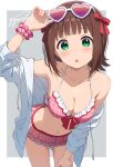  1girl :o absurdres adjusting_eyewear amami_haruka arm_up bare_shoulders bikini bikini_skirt blush border bow breasts brown_hair cleavage commentary cowboy_shot dot_nose eyewear_on_head frilled_bikini frills green_eyes grey_background gyorui_(katsuwo_drawing) hair_bow hand_on_own_thigh heart heart-shaped_eyewear highres hood hoodie idolmaster idolmaster_(classic) leaning_forward legs_apart looking_at_viewer medium_breasts open_clothes open_hoodie open_mouth outside_border pink_bikini pink_scrunchie plaid_bikini plaid_clothes polka_dot polka_dot_scrunchie red-tinted_eyewear red_bow scrunchie short_hair signature solo standing straight_hair sunglasses swimsuit tinted_eyewear white-framed_eyewear white_border white_hoodie wrist_scrunchie 