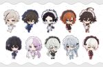  6+boys ahoge akutagawa_ryuunosuke_(bungou_stray_dogs) alternate_costume alternate_hairstyle apron bandaid bandaid_on_cheek bandaid_on_face bandaid_on_nose bell bell_earrings black_apron black_hair black_shoes blue_eyes blue_jacket blue_pants bone_hair_ornament braid bram_stoker_(bungou_stray_dogs) brown_eyes brown_hair bungou_stray_dogs chibi chibi_only closed_eyes closed_mouth collar commentary_request crossed_bangs cynitx dazai_osamu_(bungou_stray_dogs) earrings eyepatch facial_mark fang frilled_apron frills full_body fyodor_dostoyevsky_(bungou_stray_dogs) grey_eyes grey_hair grey_jacket grey_pants hair_between_eyes hair_ornament hairclip highres holding jacket jersey_maid jewelry jouno_saigiku_(bungou_stray_dogs) long_hair long_sleeves looking_at_viewer low_twintails maid maid_apron maid_headdress male_focus mark_under_eye medium_hair multicolored_eyes multicolored_hair multiple_boys nakahara_chuuya_(bungou_stray_dogs) nakajima_atsushi_(bungou_stray_dogs) nikolai_gogol_(bungou_stray_dogs) one_eye_closed open_mouth orange_hair pants pink_eyes pointy_ears purple_eyes purple_hair purple_jacket purple_pants red_eyes red_hair red_jacket red_pants scar scar_on_cheek scar_on_face shoes short_hair shorts sigma_(bungou_stray_dogs) simple_background single_braid single_earring sleeves_past_fingers sleeves_past_wrists smile socks split-color_hair streaked_hair suehiro_tetchou_(bungou_stray_dogs) track_jacket track_pants twintails two-tone_eyes two-tone_hair unconventional_maid white_apron white_hair 