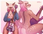 anthro bangs bass_guitar blep breasts casual_nudity clothed clothing cloven_hooves convenient_censorship deer denim denim_clothing denim_topwear ear_piercing ear_ring female freckled_face freckles gradient_hair guitar hair hi_res holding_bass hooves looking_at_viewer mammal musical_instrument nude nude_female partially_clothed_female piercing pink_hair plucked_string_instrument rickenbacker_bass ring_piercing skimpy solo sticker string_instrument tongue tongue_out topwear wurd_retlekz