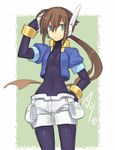  aile brown_hair green_eyes long_hair lowres ponytail robot_ears rockman rockman_zx rockman_zx_advent shigehiro_(hiroi_heya) solo spandex vest 