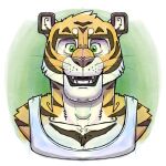 1:1 anthro black_stripes bust_portrait clothed clothing fangs felid front_view fur glistening glistening_eyes green_eyes head_tuft hi_res hufnaar looking_at_viewer male male_anthro mammal open_mouth open_smile pantherine portrait red_tongue simple_background smile solo striped_body striped_fur stripes teeth tiger tongue topwear tuft uvula whiskers white_clothing white_topwear
