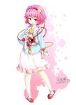  1girl black_hairband blue_shirt buttons collared_shirt commentary_request dated disembodied_linked_eye eyeball frilled_shirt_collar frilled_sleeves frills full_body furim hair_ornament hairband heart heart_button heart_hair_ornament highres komeiji_satori long_sleeves pink_eyes pink_hair pink_skirt pink_socks red_slippers ribbon-trimmed_collar ribbon_trim shirt signature skirt slippers socks solo touhou wide_sleeves 