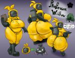 big_breasts big_butt blossonflower boots breasts butt character_name clipboard clothing dialogue female footwear gas_mask gloves handwear hazard_symbol hazmat_suit hi_res humanoid mask model_sheet oxygen_tank plant professor_willow_(blossonflower) shoes simple_background solo speech_bubble stuck_to_butt symbol text trash_creature tree under_clothes watermark yellow_clothing