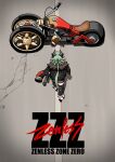  1girl absurdres akira_(manga) akira_movie_poster back black_gloves black_jacket black_skirt black_thighhighs braid caesar_king_(zenless_zone_zero) commentary copyright_name from_above fur-trimmed_jacket fur_trim gloves green_hair headgear high_heels highres jacket long_hair long_sleeves looking_afar low_ponytail motor_vehicle motorcycle multicolored_shoes outdoors parody pencil_skirt ponytail road shoes sidelocks single_braid skirt solo thighhighs two-tone_shoes walking washin white_shoes zenless_zone_zero 