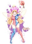  1girl adapted_costume american_flag american_flag_dress american_flag_print ass_visible_through_thighs blonde_hair breasts closed_mouth clownpiece commentary_request dated dress fairy fairy_wings flag_print full_body furim hat highres holding holding_torch jester_cap large_breasts long_hair looking_at_viewer neck_ruff orange_wings pantyhose pink_hat polka_dot_headwear red_eyes short_sleeves signature smile solo star_(symbol) star_print striped_clothes striped_dress striped_pantyhose torch touhou very_long_hair wings 