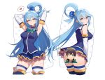  1girl :t aqua_(konosuba) aqua_hair armpits arms_up blue_eyes blue_shirt blue_skirt blush breasts censored character_censor commentary cropped_legs detached_sleeves english_commentary hair_between_eyes hair_ornament hair_rings heart highres inhoso kono_subarashii_sekai_ni_shukufuku_wo! large_breasts long_hair looking_at_viewer multiple_views novelty_censor paid_reward_available satou_kazuma shirt simple_background single_hair_ring skirt smile sphere_hair_ornament spoken_heart white_background 