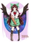  1girl arm_cannon asymmetrical_footwear atom bird_wings black_shoes black_socks black_wings bow breasts brown_hair cape chest_eye closed_mouth collared_shirt commentary_request control_rod_(touhou) dated feathered_wings frilled_skirt frills full_body furim green_bow green_skirt hair_bow highres kneehighs large_breasts long_hair looking_at_viewer print_cape red_eyes reiuji_utsuho shirt shoes signature skirt smile socks solo starry_sky_print third_eye touhou two-sided_cape two-sided_fabric uneven_footwear weapon white_cape white_shirt wings 