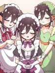 :d alternate_costume animal_ears apron bell black_dress blush bow bowtie braid braided_bun breasts brown_hair center_frills choker cleavage cleavage_cutout clone closed_eyes clothing_cutout collarbone collared_dress commentary_request dog_ears dog_girl dress facing_viewer frilled_choker frills gloves gradient_background green_dress green_headdress hair_between_eyes hair_bun highres holding jingle_bell kimi_no_koto_ga_dai_dai_dai_dai_daisuki_na_100-nin_no_kanojo lace lone_nape_hair maid maid_apron maid_headdress mamesuki meido_mei melon_print neck_bell neck_ribbon orange_choker orange_ribbon orange_sash own_hands_together paw_pose pink_background puffy_short_sleeves puffy_sleeves purple_bow purple_bowtie red_choker red_dress red_ribbon ribbon short_sleeves sidelocks smile striped_clothes striped_dress twitter_username underbust white_apron white_gloves white_wrist_cuffs wrist_cuffs 