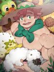  1boy 3others absurdres bara biceps closed_mouth commentary eldegoss english_commentary flower freckles green_scarf grookey hat highres looking_at_viewer milo_(pokemon) multiple_others muscular muscular_male open_mouth pectorals pokemon pokemon_(creature) pokemon_sword_and_shield scarf smile straw_hat sunflower suyohara topless_male upper_body wooloo 