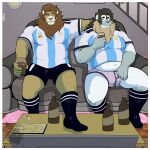 1:1 83leonce absurd_res alcohol alcohol_bottle anthro argentina argentina_national_football_team arm_around_another arm_around_back arm_around_neck arm_around_partner arm_around_shoulders athlete barazoku beckoning beer_belly belly beverage beverage_bottle biceps big_belly big_muscles big_pecs black_bottomwear black_clothing black_footwear black_shorts black_socks blue_clothing blue_shirt blue_topwear border bottle bottomwear brown_body brown_fur brown_mane bulge clothed clothing container duo electronics felid feline fifa footwear fur furniture gesture grin grinning_at_viewer hi_res inviting inviting_viewer jock legwear lion living_room looking_at_viewer male male/male mammal mane manly musclegut muscular muscular_anthro muscular_arms muscular_male muscular_thighs offering_to_viewer on_sofa pantherine pantsless pantsless_anthro pantsless_male pattern_clothing pattern_footwear pattern_legwear pattern_shirt pattern_socks pattern_topwear pecs pink_clothing pink_underwear shirt shorts sitting sitting_on_sofa smile smiling_at_viewer smirk smirking_at_viewer soccer soccer_jersey soccer_player soccer_socks soccer_uniform socks sofa sport sportswear spread_legs spreading striped_clothing striped_footwear striped_shirt striped_socks striped_topwear stripes table television thick_arms thick_thighs topwear underwear uniform white_body white_border white_clothing white_fur white_shirt white_topwear world_cup