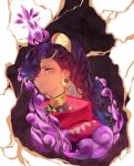  1girl absurdres blue_hair circlet commentary crescent crescent_earrings dark-skinned_female dark_skin earrings english_commentary fire_emblem fire_emblem:_fortune's_weave gold_choker gold_earrings green_eyes halapokok high_ponytail highres jewelry leda_(fire_emblem) looking_at_viewer open_mouth ponytail solo wavy_hair 