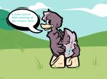 ambiguous_anthro ambiguous_gender anatid animal_genitalia anseriform anthro artist_name avian avian_butt beak bird black_outline blue_cloaca blue_eyes brown_body brown_feathers butt cloaca cloud duck english_text feather_tuft feathers genitals grass head_tuft kamoto_vivi kneeling looking_back narrowed_eyes nude_ambiguous nude_anthro open_beak open_mouth outline outside plant presenting presenting_cloaca raised_tail sky solo speech_bubble spread_butt spread_cloaca spreading tail tail_feathers talking_to_another text tilde_after_text tuft viveka_(kamoto_vivi) yellow_beak yellow_body