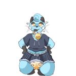 1:1 2021 3_toes ambiguous_gender anthro blue_body blue_fur bodily_fluids bottomwear clothed clothing collar curled_fur dewott diaper feet front_view full-length_portrait fur generation_5_pokemon genital_fluids gloves_(marking) grey_body grey_bottomwear grey_bow grey_clothing grey_ears grey_eyelids grey_fur grey_nose grey_skirt grey_sweater grey_tongue grey_topwear hands_on_hips head_tuft heart_symbol hi_res kneeling leg_markings lem_(typhy) markings midriff nintendo pokemon pokemon_(species) portrait simple_background skirt smile snaggle_tooth socks_(marking) solo sweater toes tongue tongue_out topwear tuft typhy unclean_diaper urine used_diaper using_diaper wearing_diaper wet_diaper wetness_indicator wetting wetting_diaper whiskers white_background white_collar white_whiskers